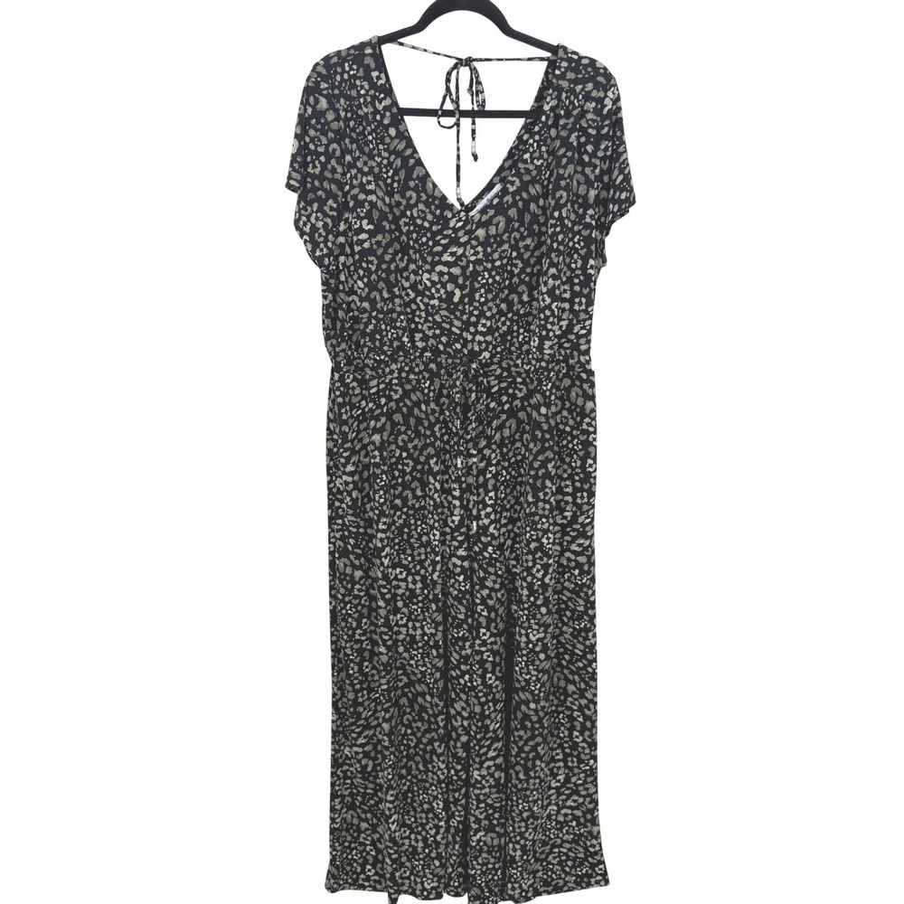 Tommy Bahama Womens XL Jumpsuit Olive Green Black Leopard Print Wide Leg V-Neck